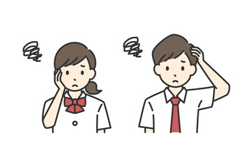 悩んでいる男子学生と女子学生のイラスト（夏服）
