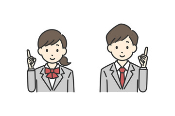 人差し指を立てている男子学生と女子学生のイラスト