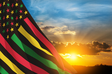Alternative Juneteenth Flag with sunrise or sunset. Since 1865. Design of Banner with place for text. 3d-rendering. - obrazy, fototapety, plakaty