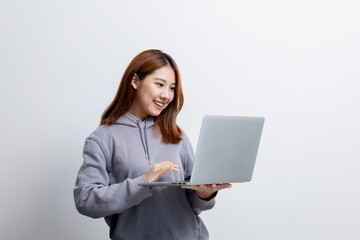 Beautiful Asian woman gesturing for advertisement editing on isolated background, portrait concept used for advertisement and signage, isolated over white background, copy space.