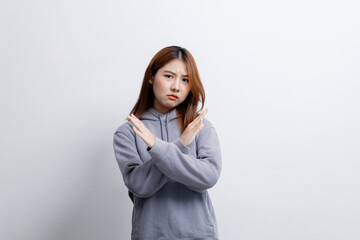 Beautiful Asian woman gesturing for advertisement editing on isolated background, portrait concept used for advertisement and signage, isolated over white background, copy space.