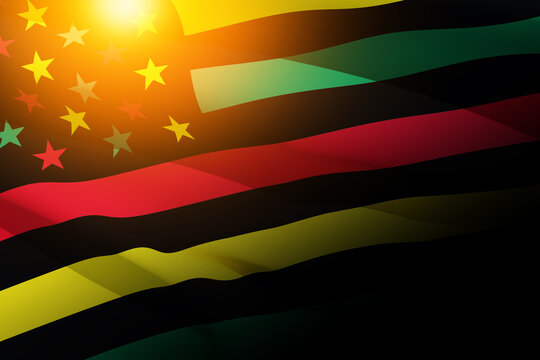 Waving Alternative Juneteenth Flag with Flare. Since 1865. Design of Banner. Black history month. 3d-rendering.