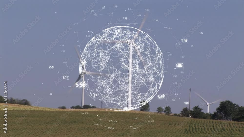 Poster Animation of globe and data processing over wind turbines