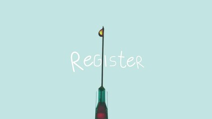 Animation of register text over syringe with liquid - Powered by Adobe