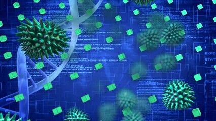 Animation of covid 19 cells, dna strand and rows of green cubes over data processing - Powered by Adobe