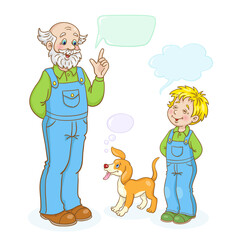 Grandfather, little dog and grandson have a fun talking. Dialog with speech bubbles. In cartoon style. Isolated on white background. Vector illustration.
