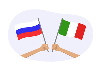 Russia and Italy flags. Russian and German national symbols. Hand holding waving flag. Vector illustration.