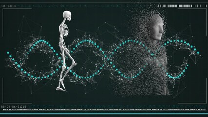 Animation of dna strand and data processing with human skeleton body formed with exploding particles - Powered by Adobe