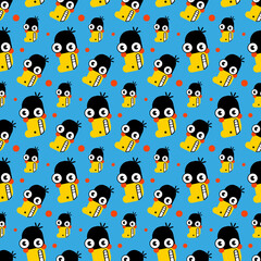 Seamless pattern with cartoon funny black duck. Vector pattern. Flat fancy colorful illustrations of crazy big-headed smiling birds. Isolated. Design for textiles, wrapping paper and wallpaper.