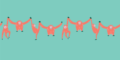 Orangutan border repeat. Cute monkey vector illustrations in turquoise background. Tropical background fabric print. Great for kids and fun home decor. Surface pattern design.