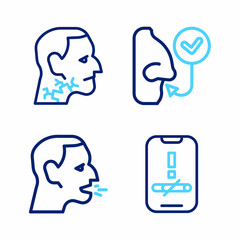 Set line No smoking, Man coughing, Healthy breathing and Throat cancer icon. Vector