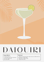 Daiquiri Cocktail in martini glass garnished with lime slice. Retro print of summer aperitif recipe. Wall art poster with alcoholic beverage and tropical palm tree shadow on background. Vector.