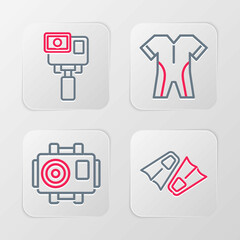 Fototapeta premium Set line Flippers for swimming, Photo camera diver, Wetsuit scuba diving and Action extreme icon. Vector