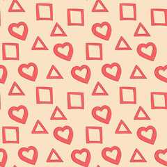 Abstract geometric seamless pattern with simple vector shapes and basic forms. heart, square, triangle in red color