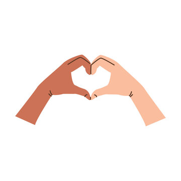 Diverse People Arms With Heart-shaped Hand Gesture. Solidarity, Support Concept. Expressing Love With Hands, Making Heart Shape Sign From Fingers. Vector Flat Style Illustration Isolated On White.