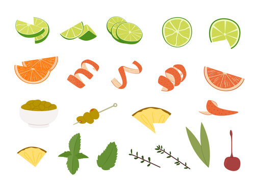 Various alcohol cocktail garnishes. Lime slices, orange wedge and twist, olives skewer, cutted pineapple, mint twig, herb leaf, maschietto cherry and rosemary. Vector illustration isolated on white.