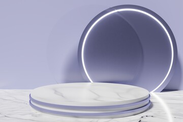 3d render of marble and purple podium on a marble floor on a violet background