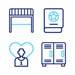 Set line Locker or changing room, Football soccer player, learning book and goal icon. Vector