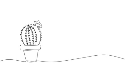 Cactus with flower. One line home plants silhouette. Botanical Continuous line background. Contour illustration 