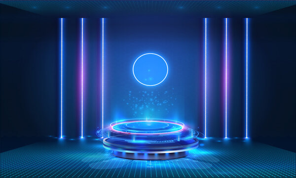 A dark room with a purple and blue neon podium. Futuristic sci-fi podium, projection hologram of your product. Rendering product display presentation. Futuristic minimal scene in blue modern color.