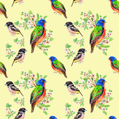 seamless pattern with birds and flowers on beige background