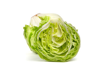 Iceberg lettuce head and half, fresh leafy green vegetable isolated on white