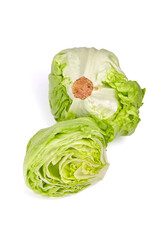 Fototapeta premium Iceberg lettuce head and half, fresh leafy green vegetable isolated on white