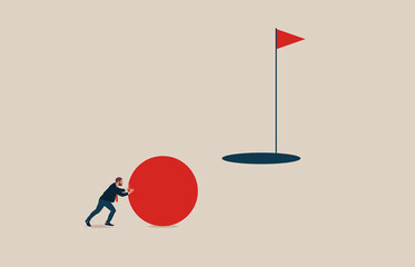Businessman playing golf. Business goal and objective achievement. Symbol of success, motivation, hard work. Vector illustration concept. - obrazy, fototapety, plakaty