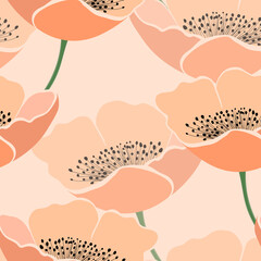 Seamless floral pattern with pink tulips. Cartoon style. Design for fabric, textile, paper. Spring colorful vector illustration, fowers with leaves. Holiday print for Birthday, 8 march