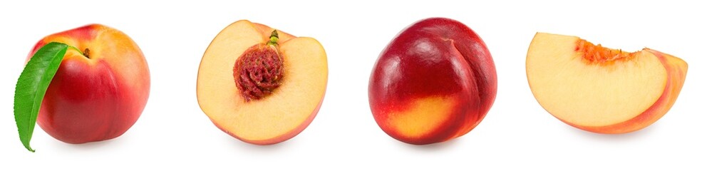 Nectarine with green leaf and slices isolated on white background. clipping path