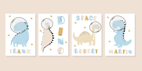Vector hand-drawn dinosaurs in space. Cute dinosaur posters. Children's posters on the wall. Space dinosaurs. Cute colored child's drawing. Dinosaurs with names, hand-drawn letters in Scandinavian sty