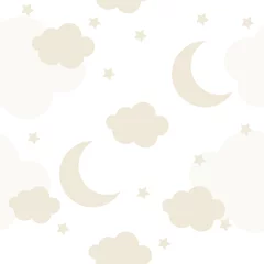Gardinen Vector hand drawn seamless pattern with clouds, moon and stars on white background. For decoration in a children's room, wallpaper, textiles, baby clothes. Doodle style. © YUSI_DESIGN
