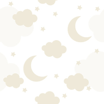 Vector hand drawn seamless pattern with clouds, moon and stars on white background. For decoration in a children's room, wallpaper, textiles, baby clothes. Doodle style. © YUSI_DESIGN