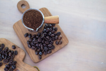 Coffee beans and ground powder
