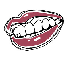 Perfect smile with shiny white teeth. Mouth hygiene and dentist medical care illustration. Woman lips with beautiful and happy smiling open mouth. Hand drawn vintage illustration. Old style drawing.