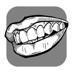 Perfect smile with shiny white teeth. Mouth hygiene and dentist medical care illustration. Woman lips with beautiful and happy smiling open mouth. Hand drawn vintage illustration. Old style drawing.