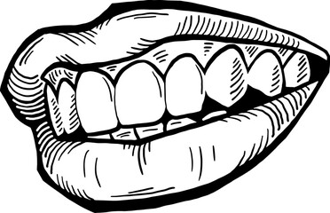 Perfect smile with shiny white teeth. Mouth hygiene and dentist medical care illustration. Woman lips with beautiful and happy smiling open mouth. Hand drawn vintage vector. Old style drawing.