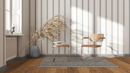 Scandinavian sitting room in white and gray tones. Rattan and steal armchairs, side table, carpet, window and decors. Striped wallpaper. Modern interior design concept