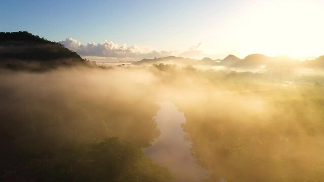 Sunrise Fog Jungle River Mountain Aerial Drone Shot
