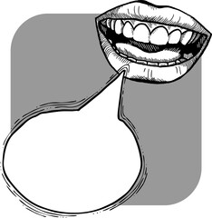 Talking open mouth with bubble cloud. Sexy woman lips telling secret or shouting loud. Speech, storytelling, news for all ears. Hand drawn retro vintage vector illustration. Old style drawing.