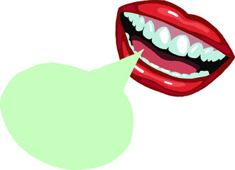 Talking open mouth with bubble cloud. Sexy woman lips telling secret or shouting loud. Speech, storytelling, news for all ears. Hand drawn retro vintage vector illustration. Old style drawing.