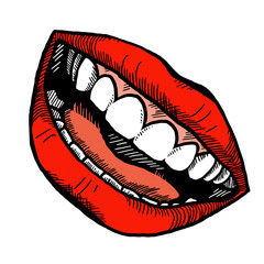 Perfect smile with shiny white teeth. Mouth hygiene and dentist medical care illustration. Woman lips with beautiful and happy smiling open mouth. Hand drawn vintage illustration. Old style drawing.