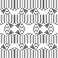 Modern vector abstract seamless geometric pattern with semicircles and circles in retro  style. Black u shapes on white background. Minimalistillustration in Bauhaus style with simple shapes. © dinadankersdesign