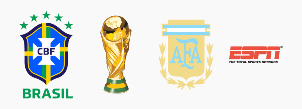 World Cup Logo, CBF - Brazil Logo, AFA - Argentina Logo, ESPN Logo. Sports vector logo Isolated on white background. Editorial vector logo printed on paper.
