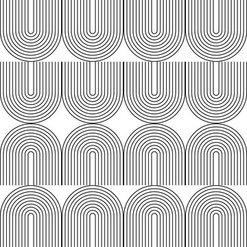 Modern vector abstract seamless geometric pattern with semicircles and circles in retro  style. Black u shapes on white background. Minimalistillustration in Bauhaus style with simple shapes.