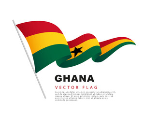 The flag of Ghana hangs on a flagpole and flutters in the wind. Vector illustration on a white background.