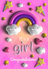 It's a girl, baby shower poster, invitation or banner with 3d elements. Vector illustration with rainbow, stars and hearts