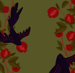 medieval floral background motif. The image of decorative stylized birds on the background of a blooming pomegranate