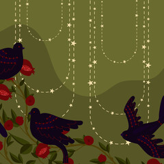 medieval floral background motif. The image of decorative stylized birds on the background of a blooming pomegranate