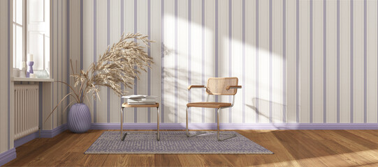 Panoramic view of modern waiting room in white and violet tones. Rattan and steal armchairs, side table, carpet, window and decors. Striped wallpaper. Interior design concept
